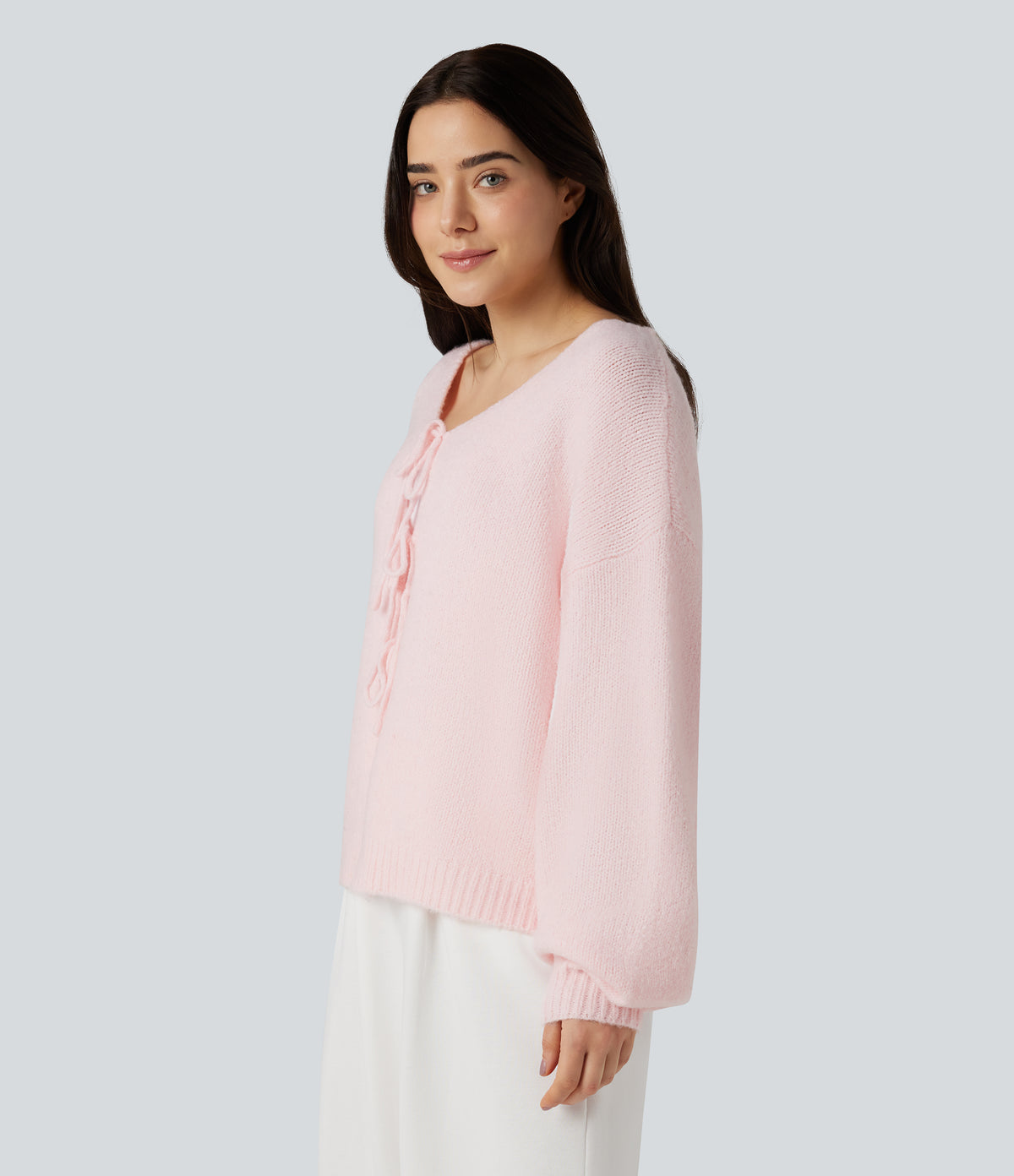 Tie Front Long Sleeve Casual Cardigan — Pinkish Petals — view 3