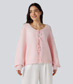 Tie Front Long Sleeve Casual Cardigan — Pinkish Petals — view 1