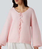 Tie Front Long Sleeve Casual Cardigan — Pinkish Petals — view 4