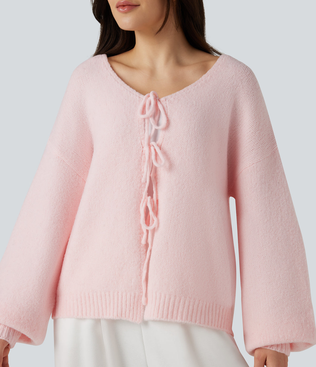 Tie Front Long Sleeve Casual Cardigan — Pinkish Petals — view 4