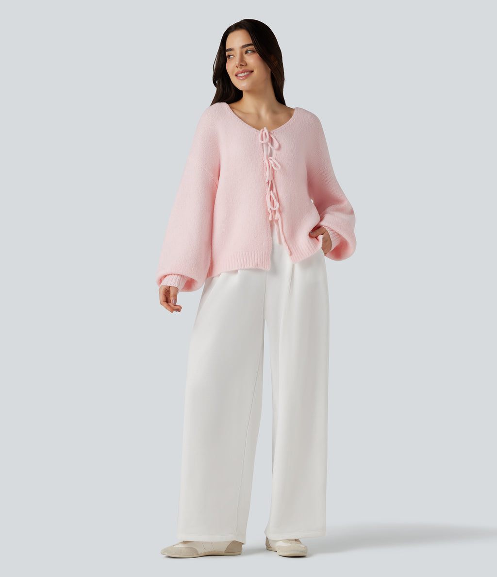 Tie Front Long Sleeve Casual Cardigan — Pinkish Petals — view 6
