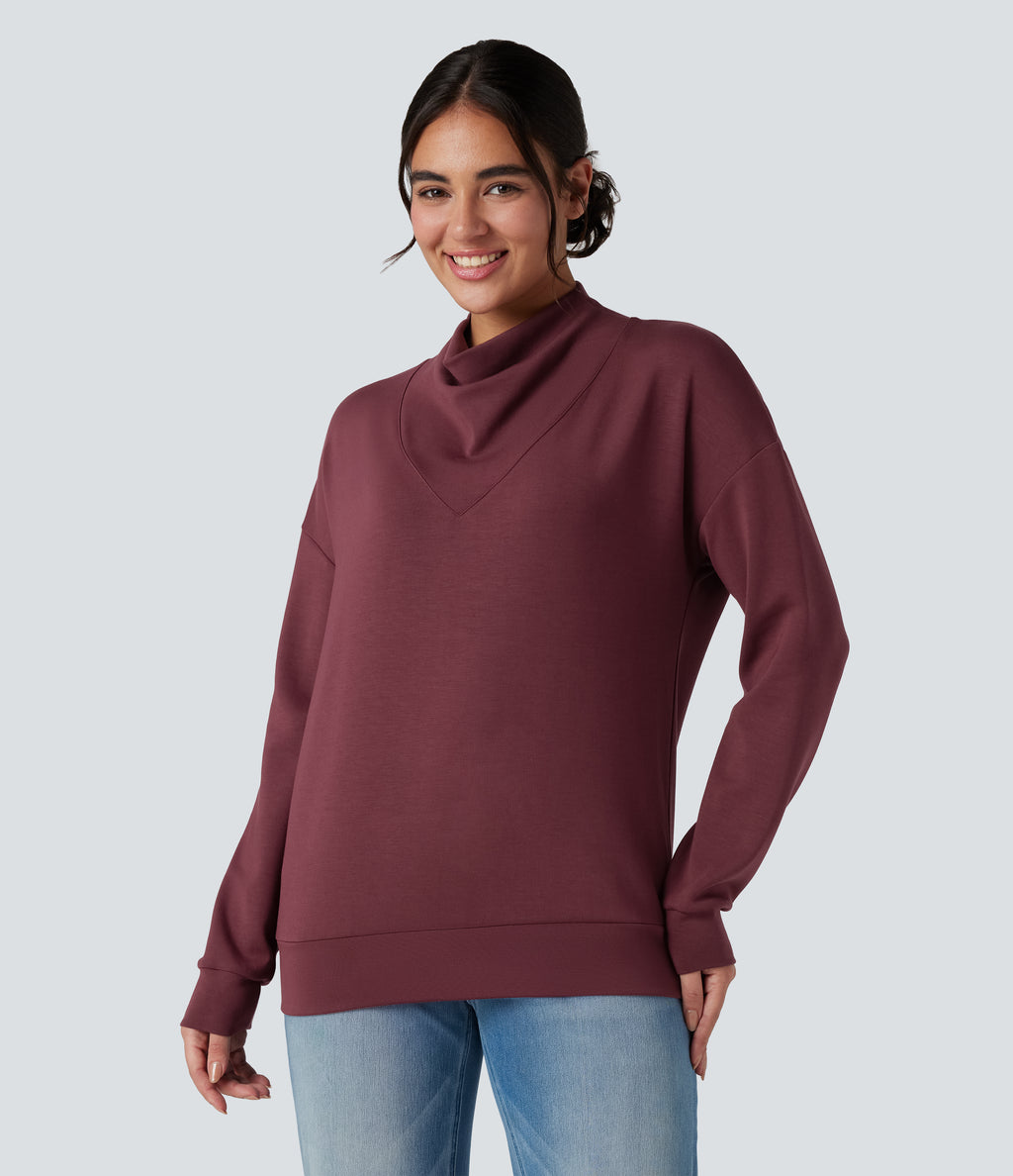 SpacerTek Cowl Neck Long Sleeve Casual Sweatshirt — Oxblood Red — view 6