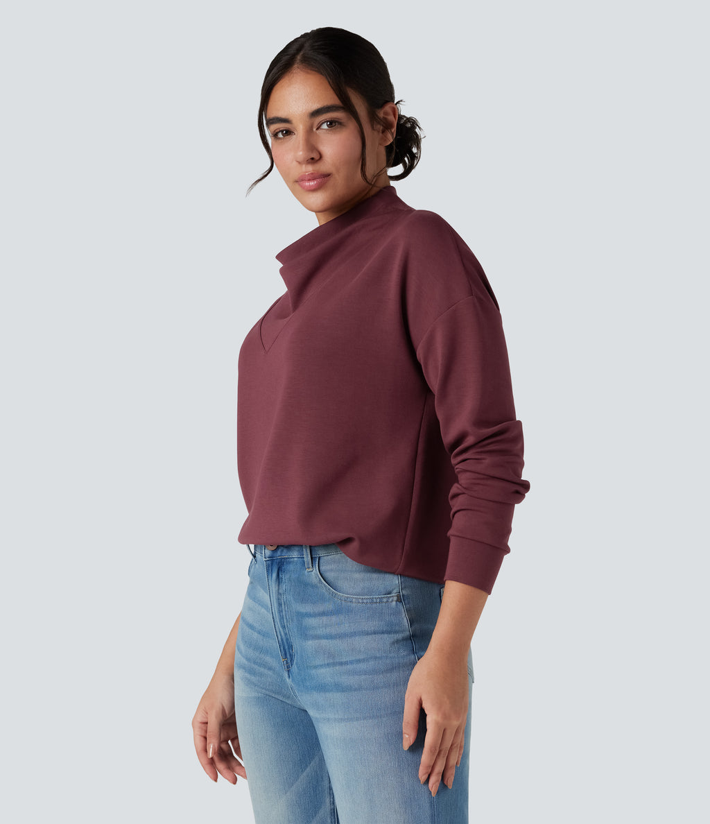 SpacerTek Cowl Neck Long Sleeve Casual Sweatshirt — Oxblood Red — view 3