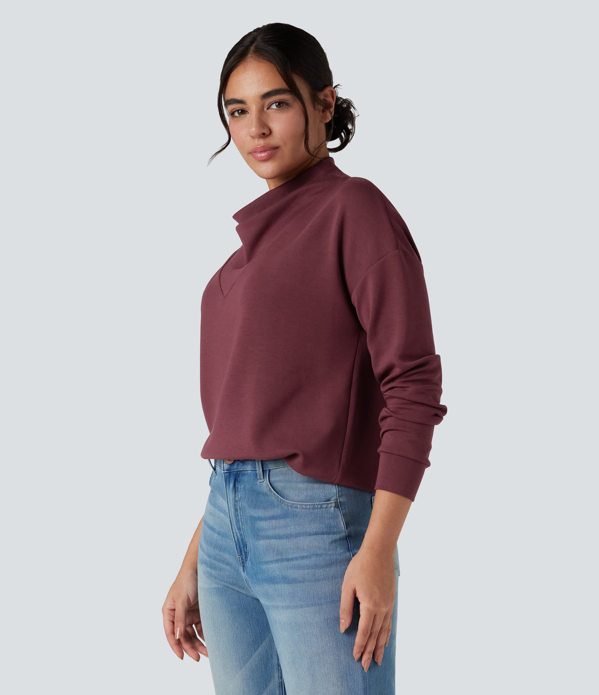 SpacerTek Cowl Neck Long Sleeve Casual Sweatshirt — Oxblood Red — view 3