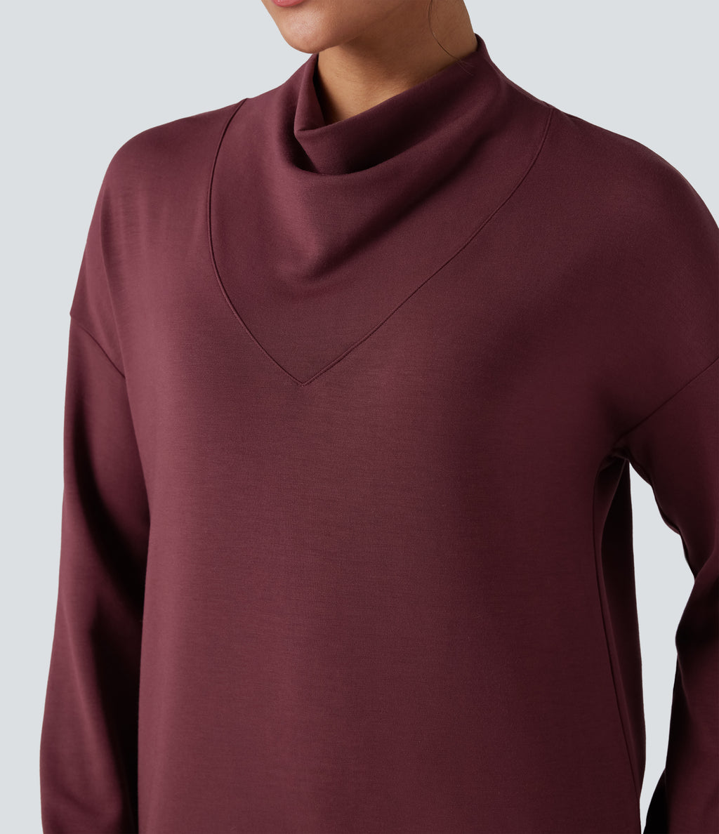 SpacerTek Cowl Neck Long Sleeve Casual Sweatshirt — Oxblood Red — view 4