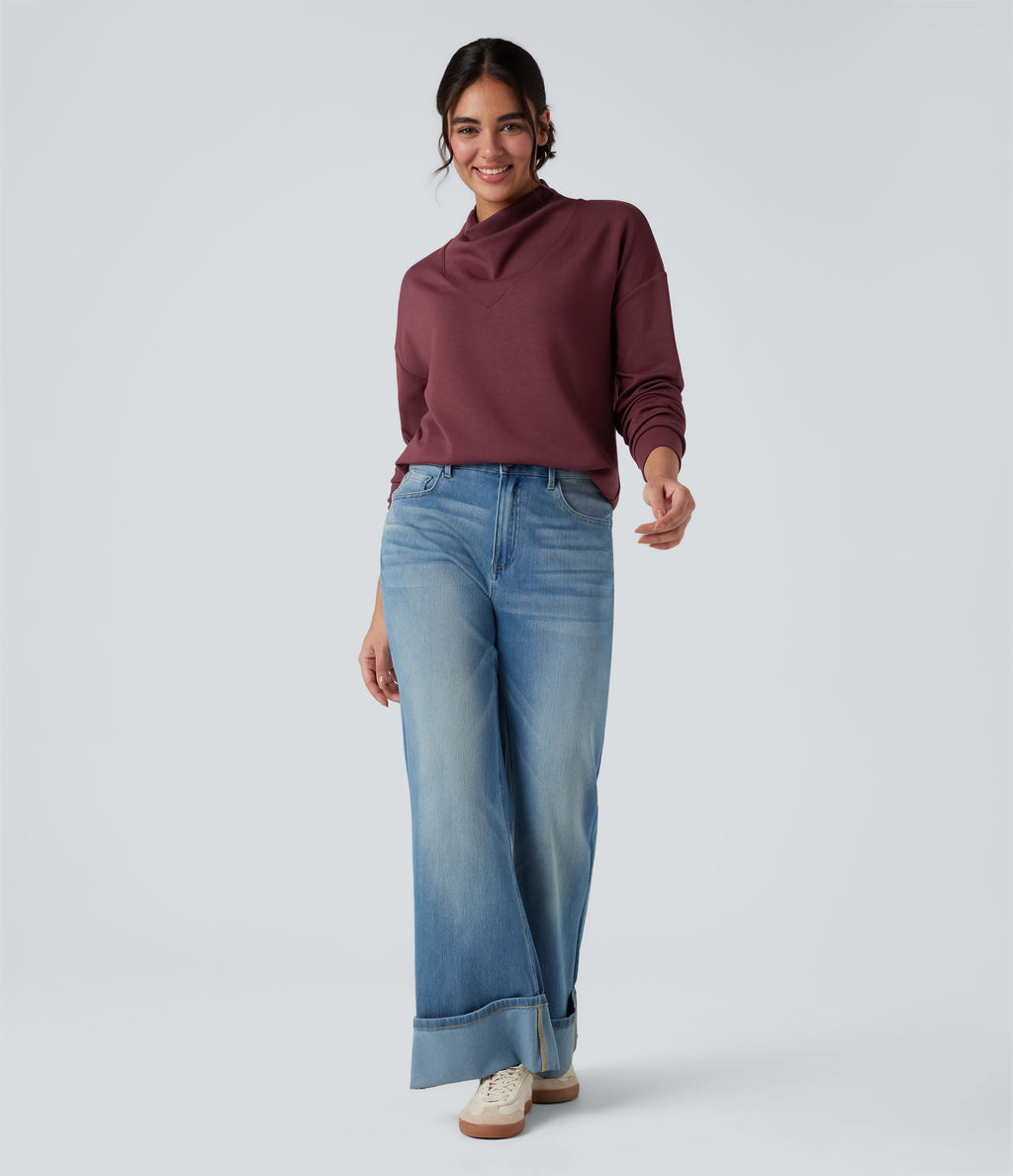 SpacerTek Cowl Neck Long Sleeve Casual Sweatshirt — Oxblood Red — view 7