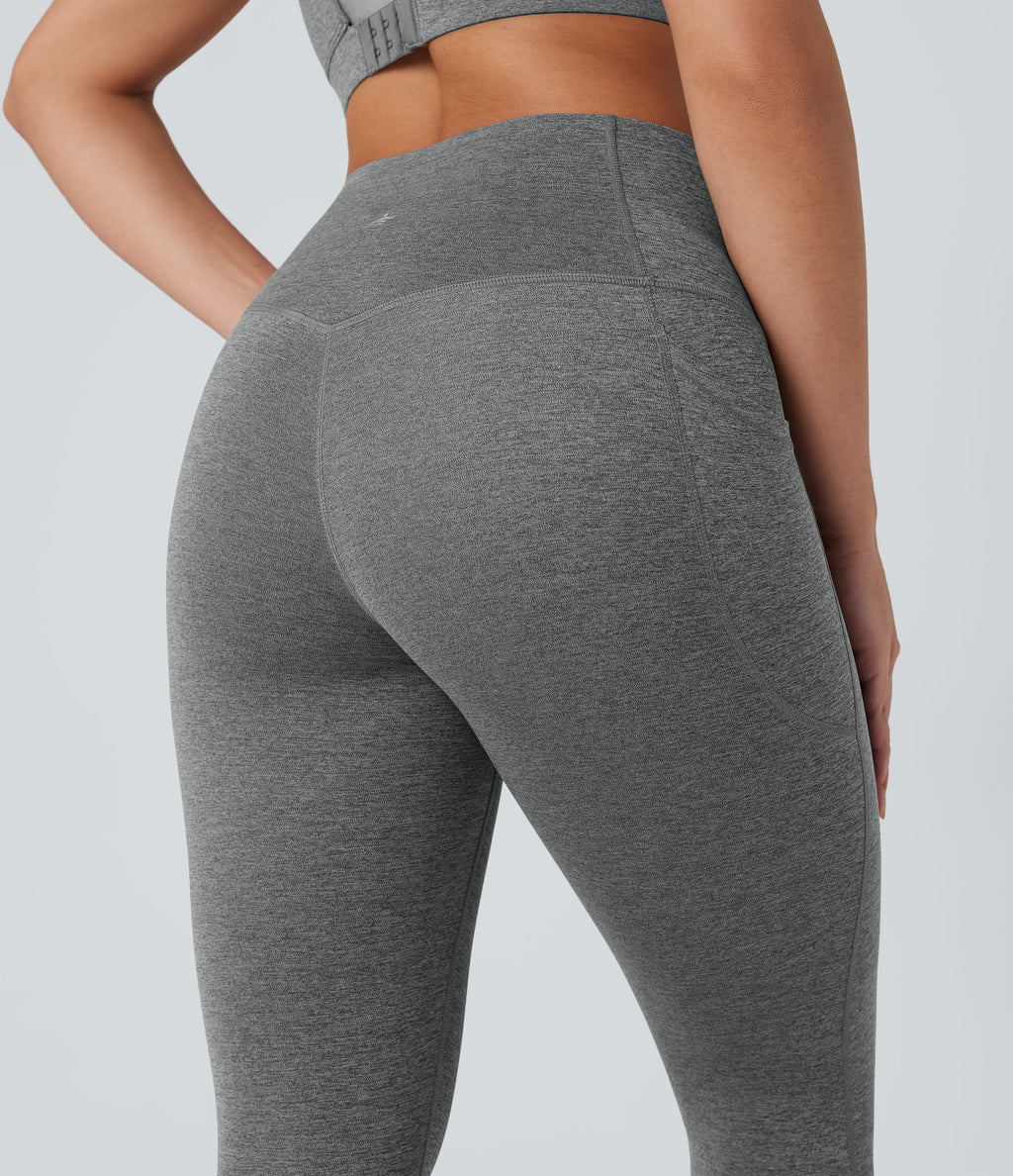 Heathered High Waisted Tummy Control Quick Dry Yoga Leggings with Pockets — Light Grey Mélange — view 6