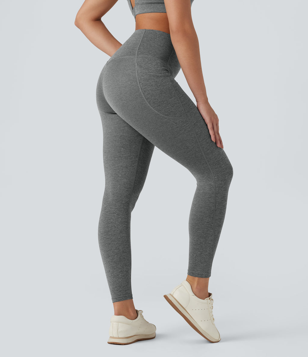 Heathered High Waisted Tummy Control Quick Dry Yoga Leggings with Pockets — Light Grey Mélange — view 2