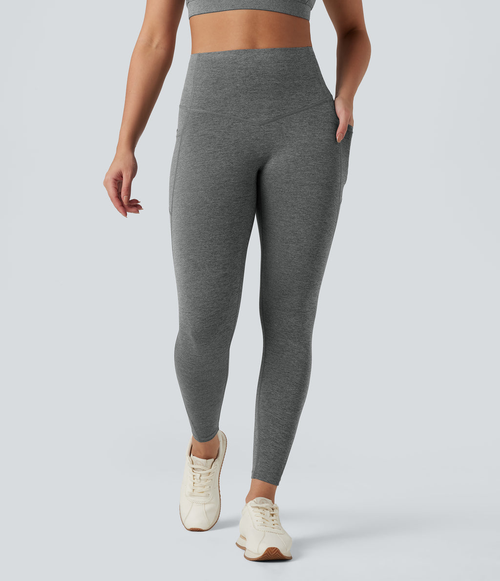 Heathered High Waisted Tummy Control Quick Dry Yoga Leggings with Pockets — Light Grey Mélange — view 3