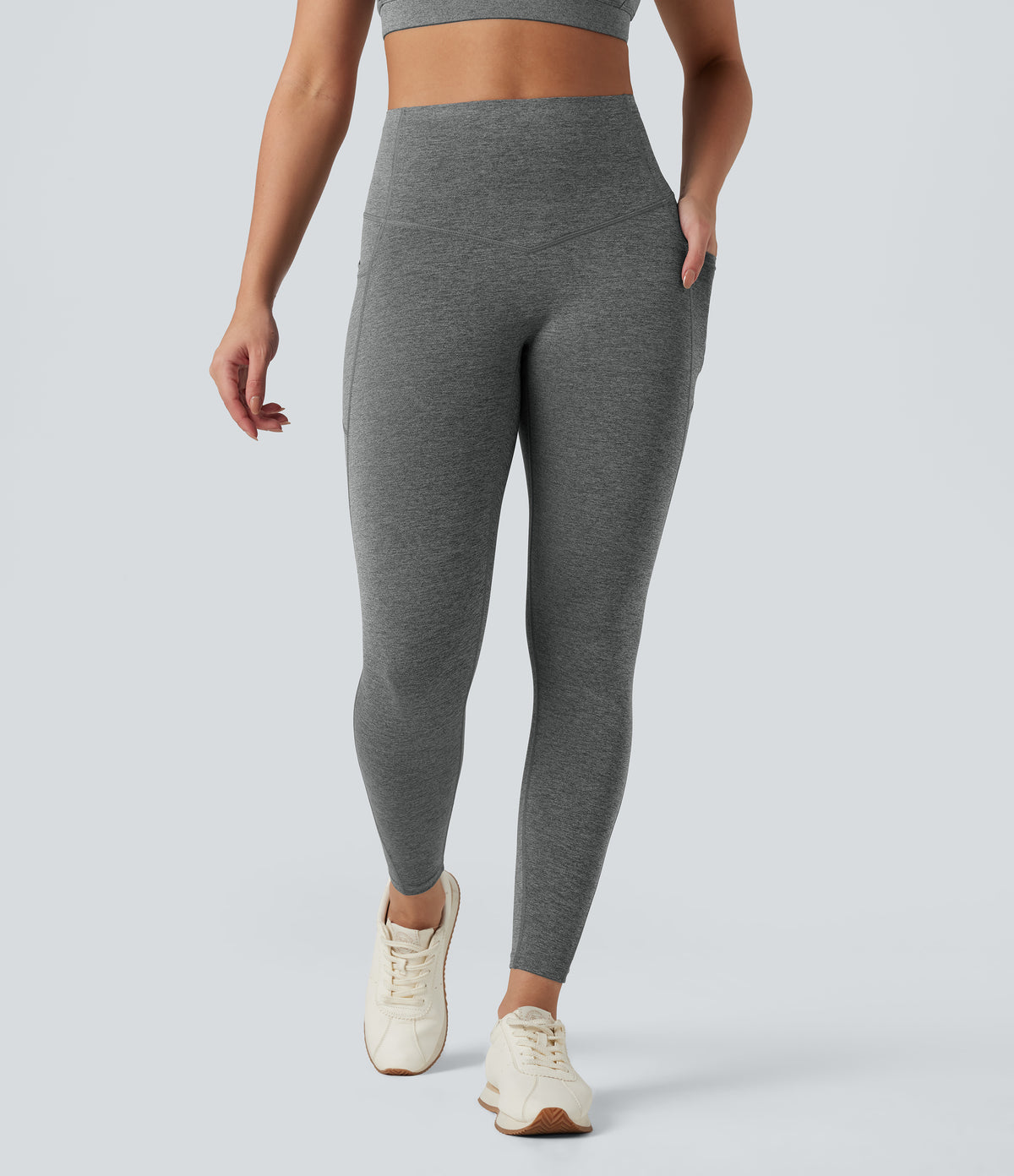 Heathered High Waisted Tummy Control Quick Dry Yoga Leggings with Pockets — Light Grey Mélange — view 3