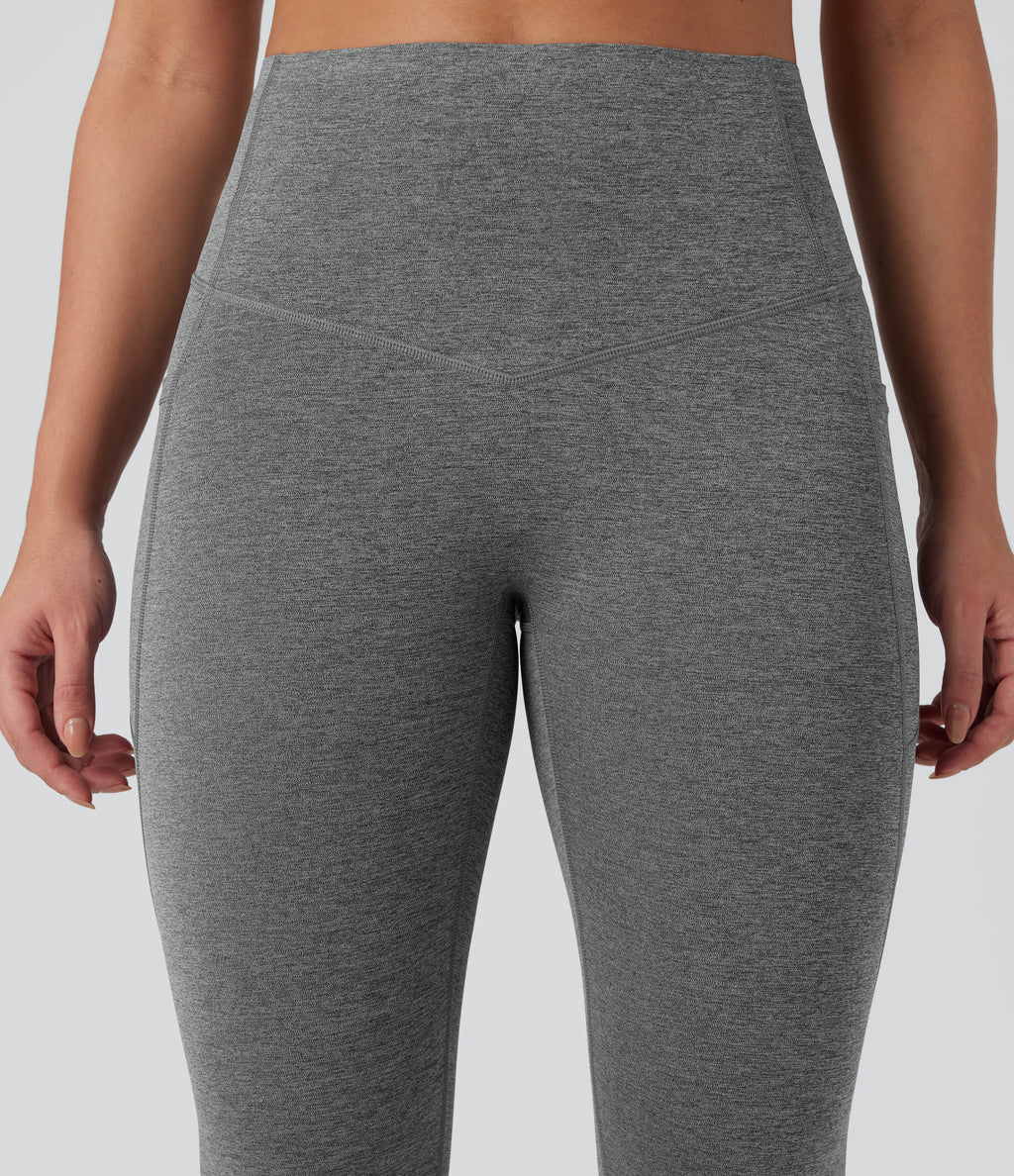 Heathered High Waisted Tummy Control Quick Dry Yoga Leggings with Pockets — Light Grey Mélange — view 5