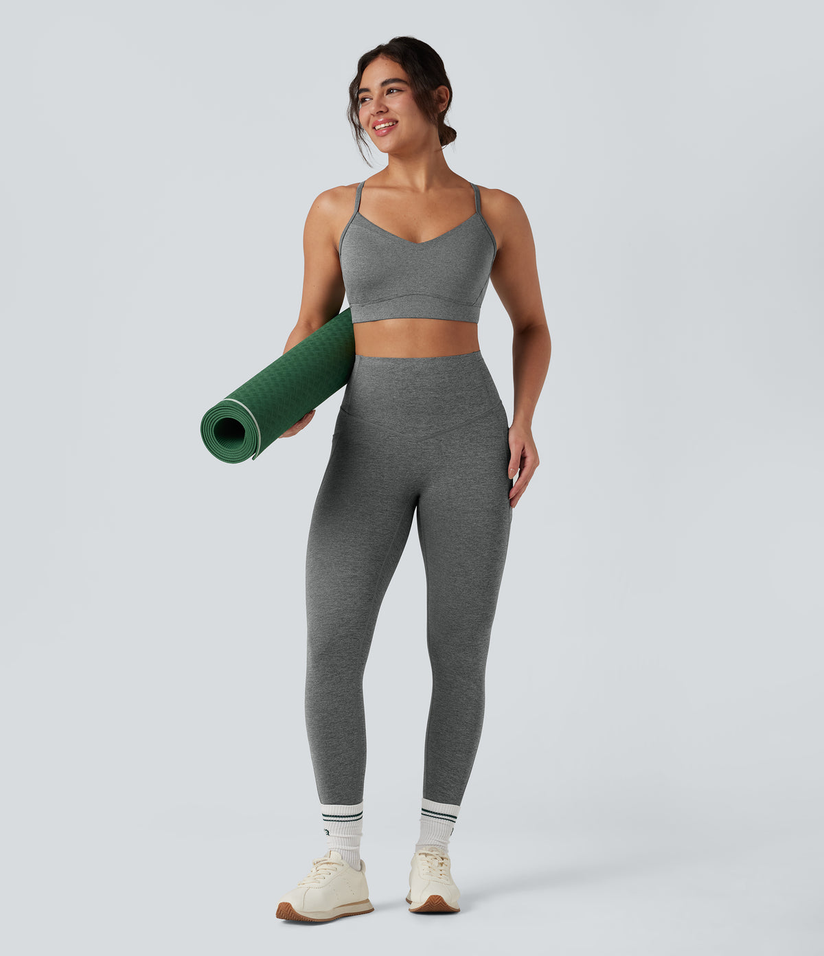 Heathered High Waisted Tummy Control Quick Dry Yoga Leggings with Pockets — Light Grey Mélange — view 7