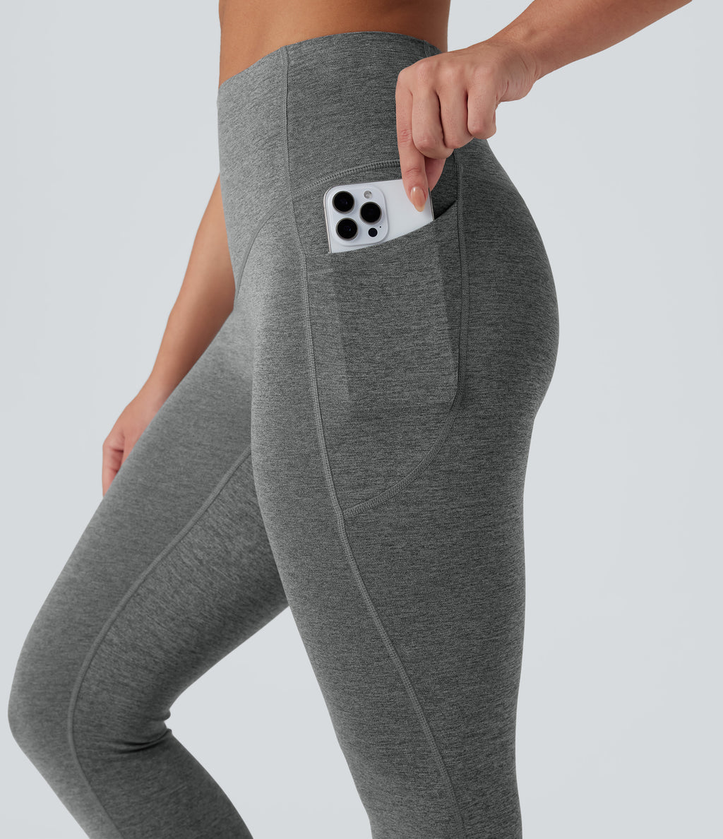 Heathered High Waisted Tummy Control Quick Dry Yoga Leggings with Pockets — Light Grey Mélange — view 4