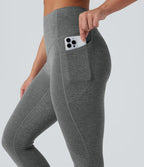 Heathered High Waisted Tummy Control Quick Dry Yoga Leggings with Pockets — Light Grey Mélange — view 4