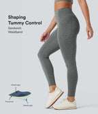Heathered High Waisted Tummy Control Quick Dry Yoga Leggings with Pockets — Light Grey Mélange — view 1