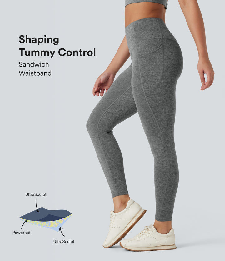 Heathered High Waisted Tummy Control Quick Dry Yoga Leggings with Pockets — Light Grey Mélange — view 1