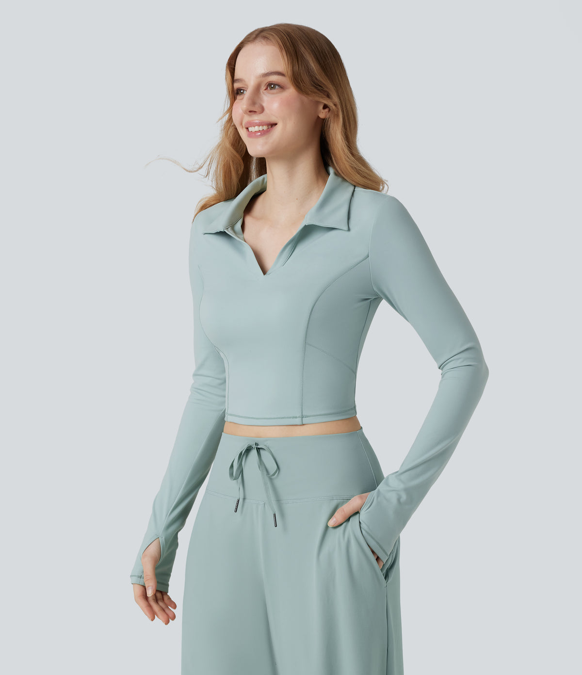 Plush Polo Long Sleeve Thumb Hole Cropped Tennis Sports Top — Subtle Green — view 3