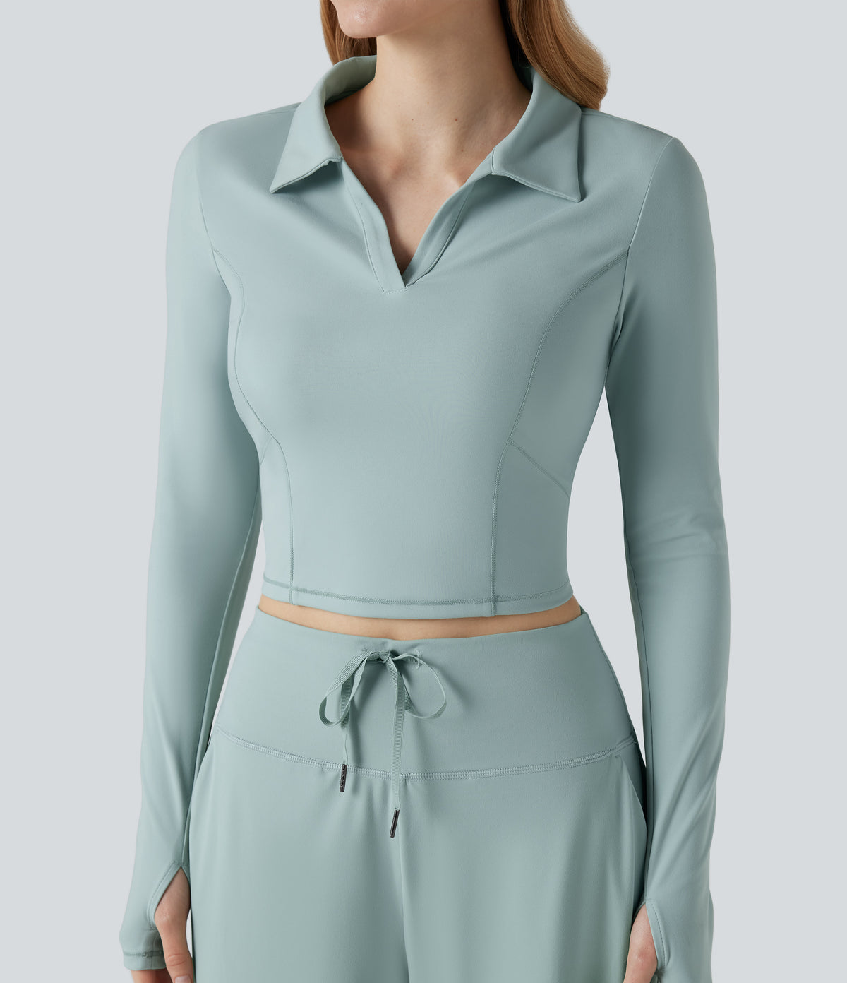 Plush Polo Long Sleeve Thumb Hole Cropped Tennis Sports Top — Subtle Green — view 4