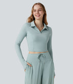 Plush Polo Long Sleeve Thumb Hole Cropped Tennis Sports Top — Subtle Green — view 1