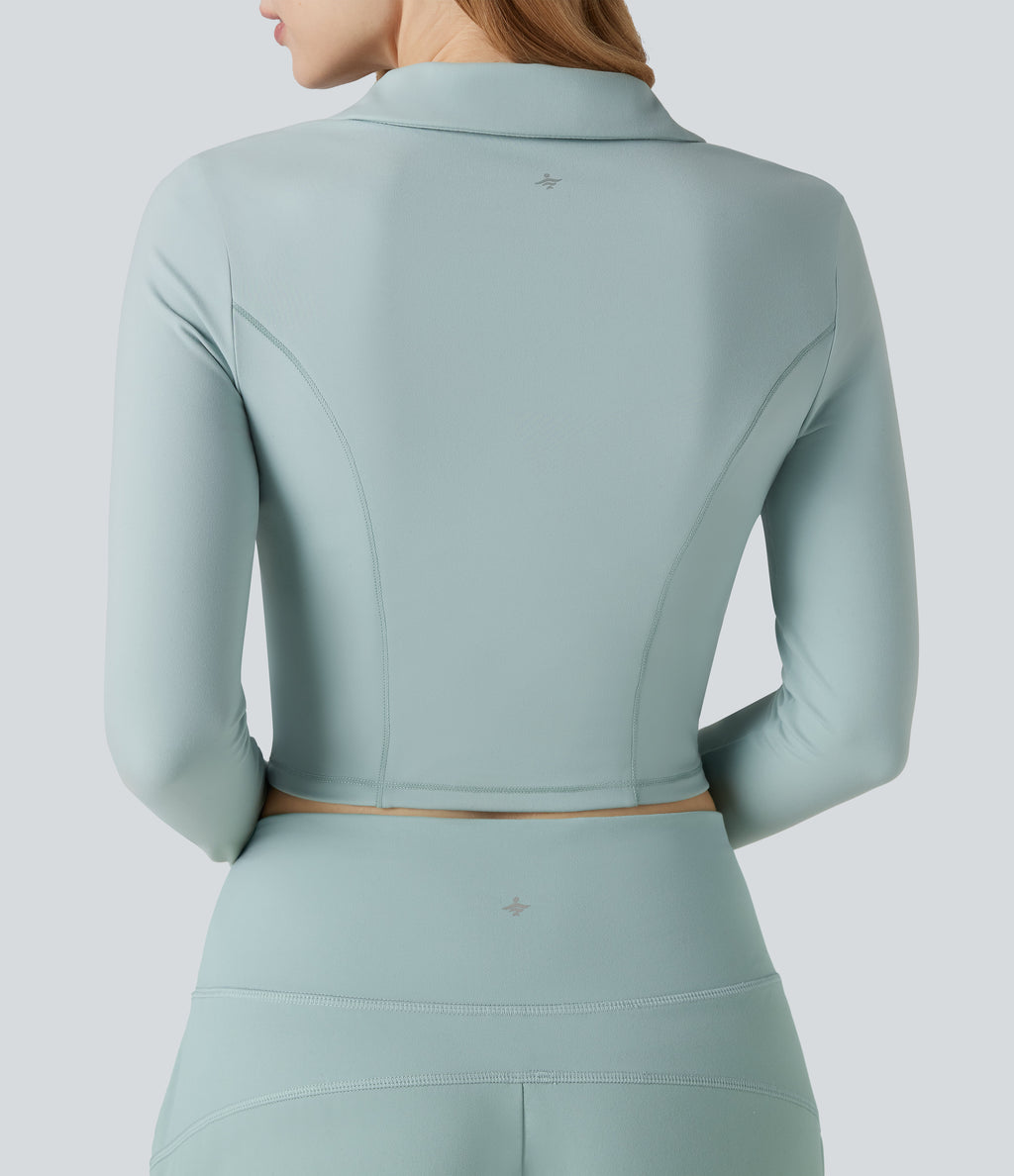 Plush Polo Long Sleeve Thumb Hole Cropped Tennis Sports Top — Subtle Green — view 5
