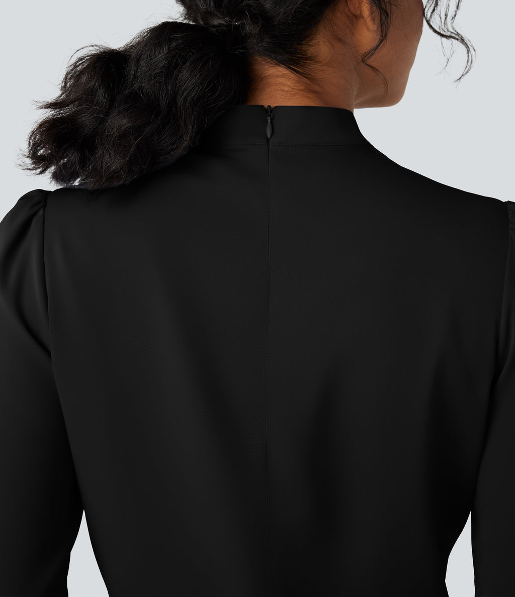 Wrinkle Recovery Bow Neck Puff Long Sleeve Work Shirt — Black — view 5