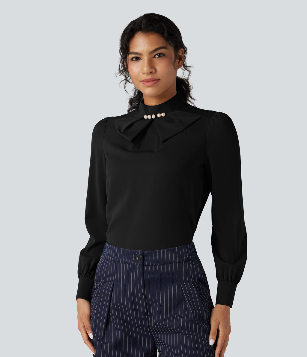 Wrinkle Recovery Bow Neck Puff Long Sleeve Work Shirt — Black — view 1