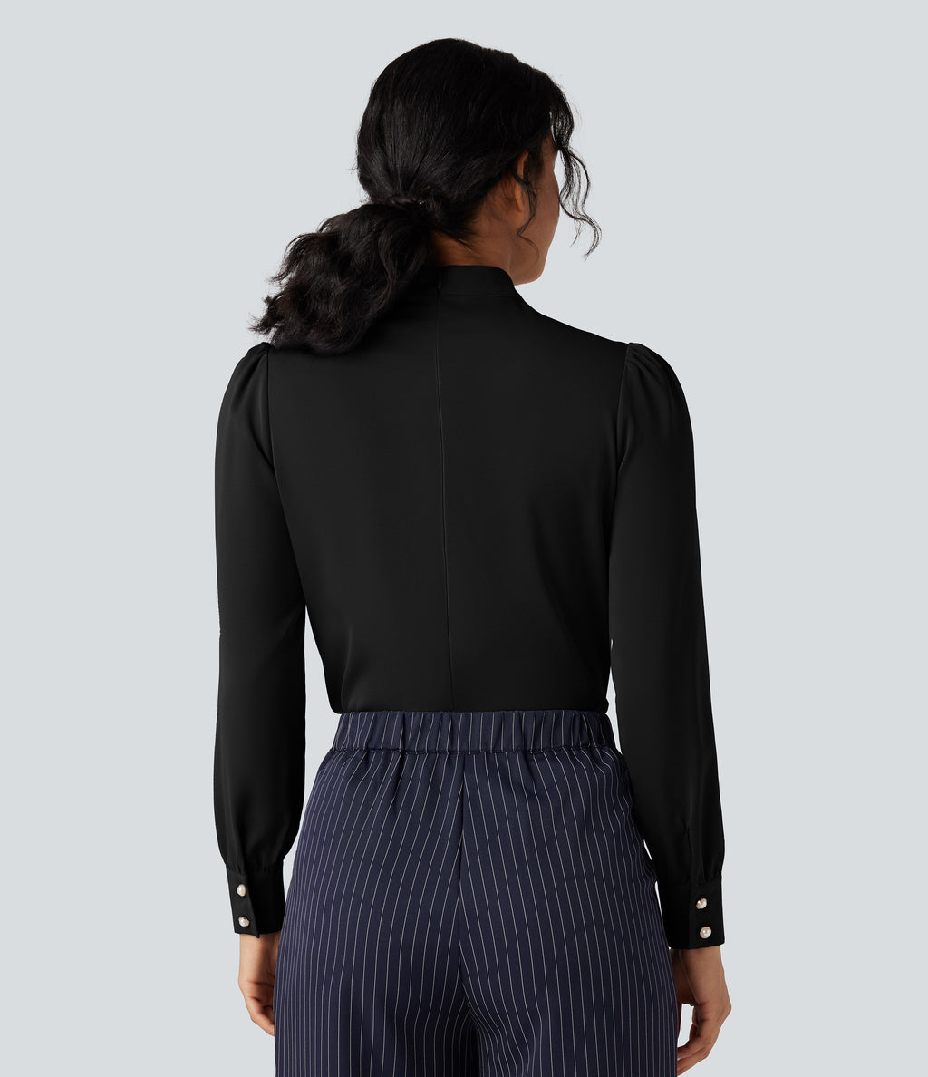 Wrinkle Recovery Bow Neck Puff Long Sleeve Work Shirt — Black — view 2