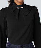 Wrinkle Recovery Bow Neck Puff Long Sleeve Work Shirt — Black — view 4