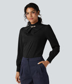 Wrinkle Recovery Bow Neck Puff Long Sleeve Work Shirt — Black — view 3
