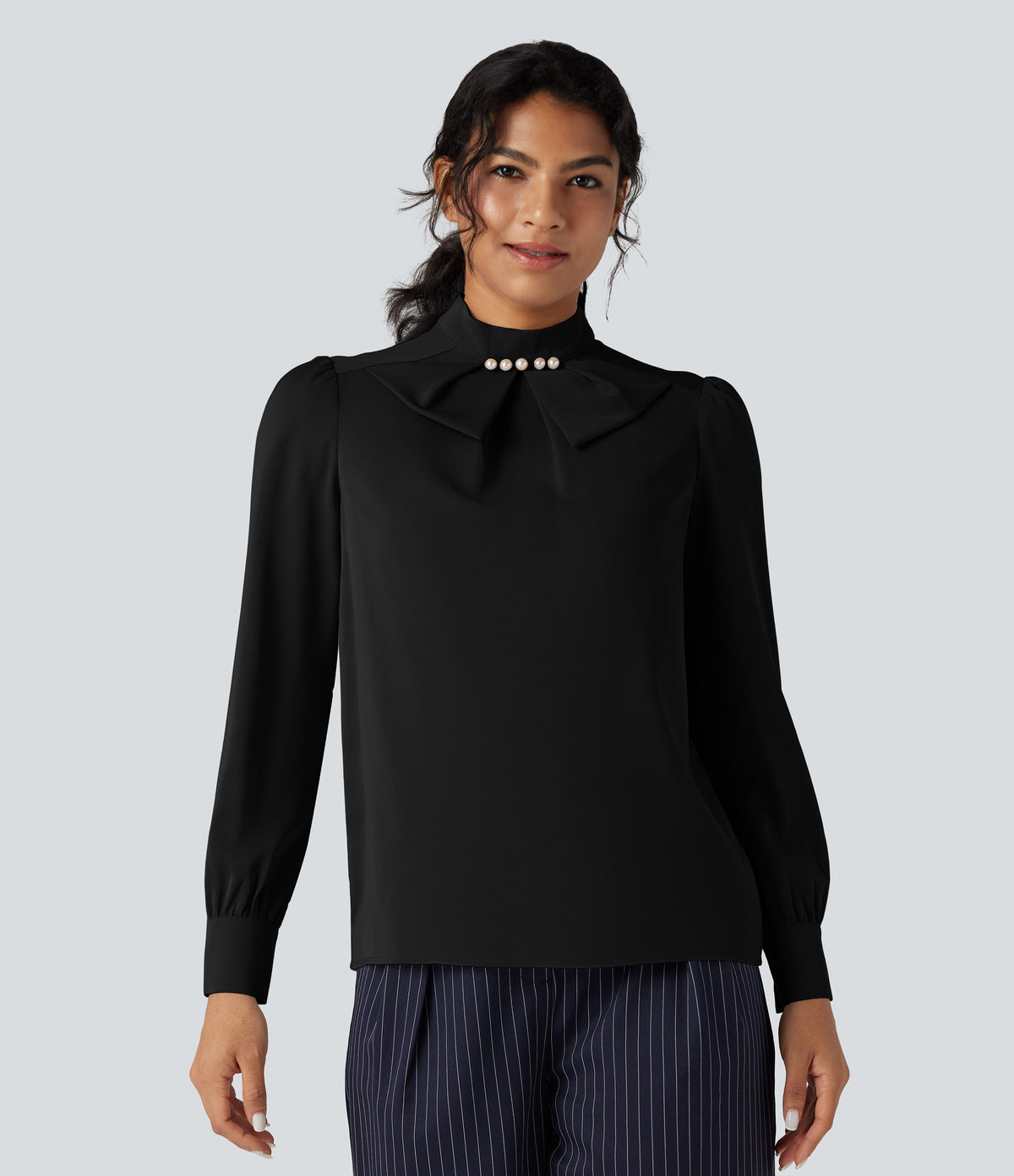 Wrinkle Recovery Bow Neck Puff Long Sleeve Work Shirt — Black — view 8