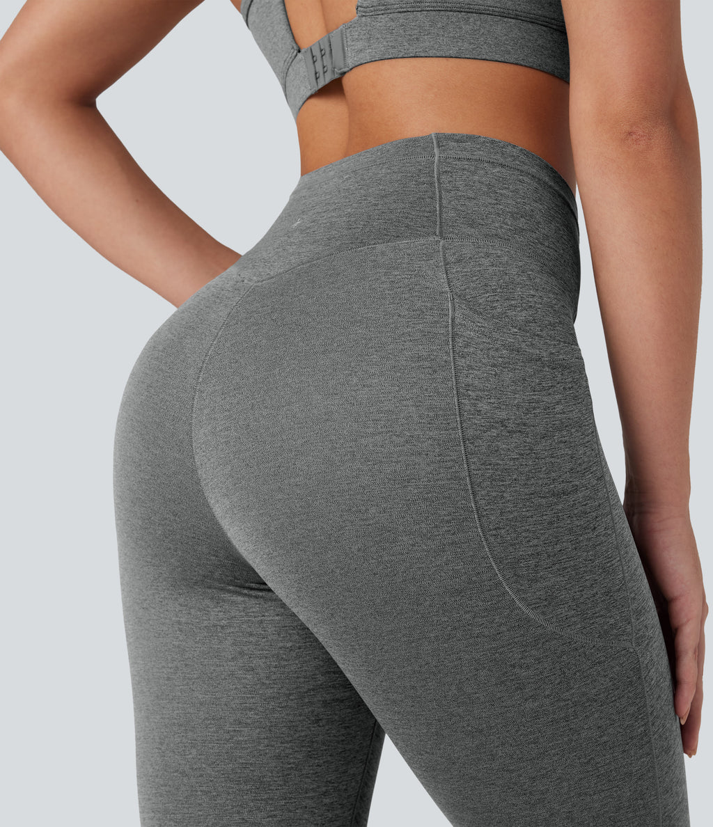 Heathered High Waisted Crossover Quick Dry Yoga Leggings with Pockets — Light Grey Mélange — view 5