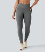 Heathered High Waisted Crossover Quick Dry Yoga Leggings with Pockets — Light Grey Mélange — view 1