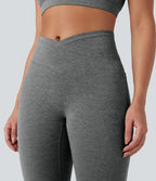 Heathered High Waisted Crossover Quick Dry Yoga Leggings with Pockets — Light Grey Mélange — view 4