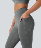 Heathered High Waisted Crossover Quick Dry Yoga Leggings with Pockets — Light Grey Mélange — view 6
