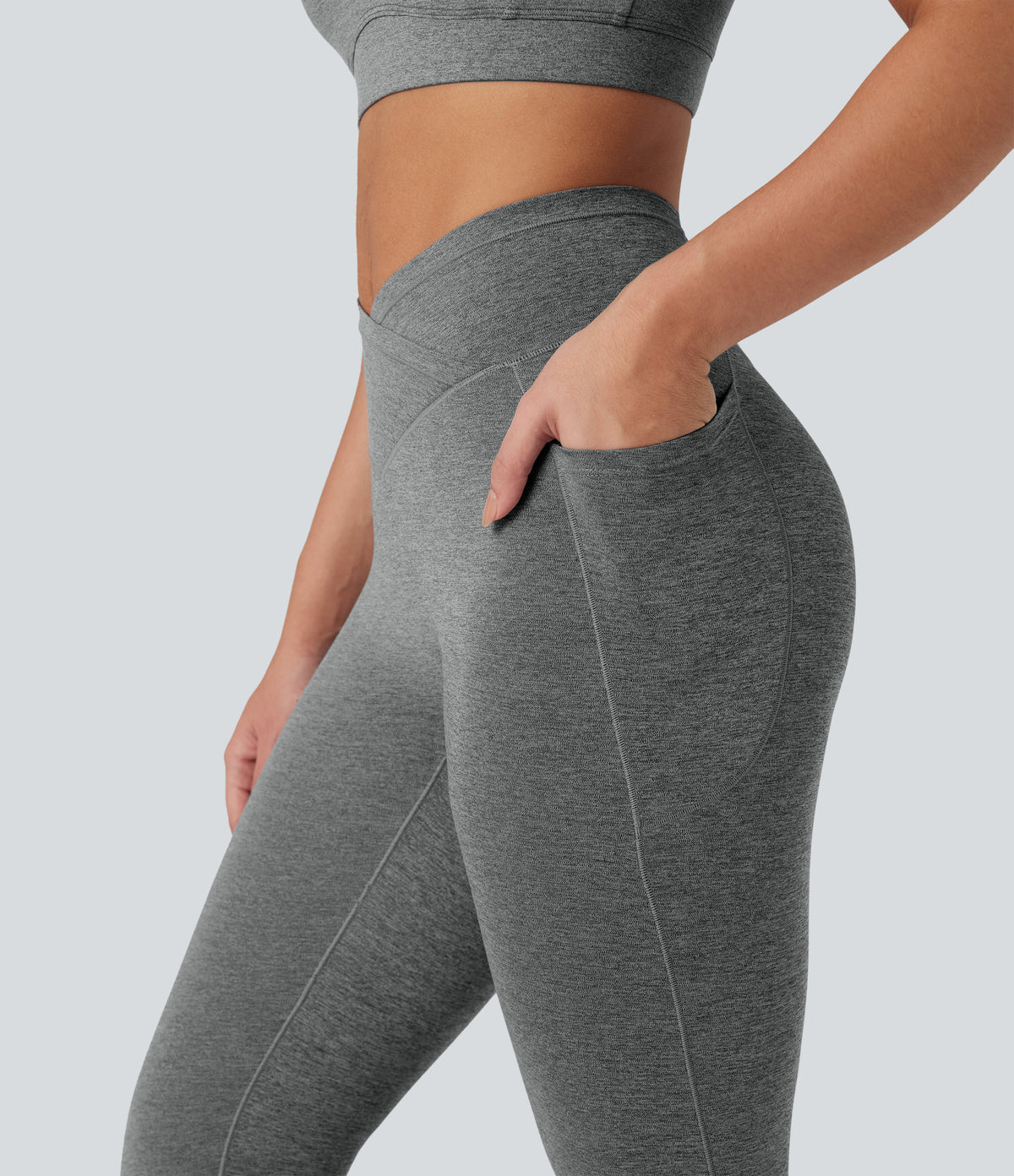 Heathered High Waisted Crossover Quick Dry Yoga Leggings with Pockets — Light Grey Mélange — view 6