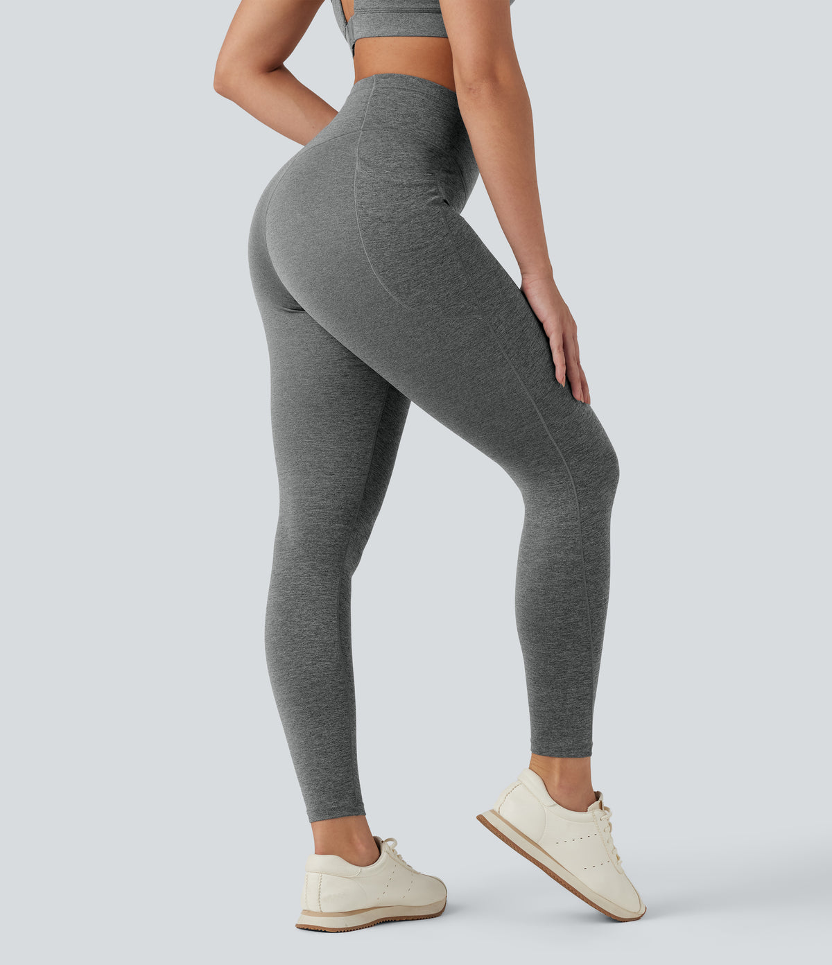 Heathered High Waisted Crossover Quick Dry Yoga Leggings with Pockets — Light Grey Mélange — view 2