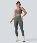 Heathered High Waisted Crossover Quick Dry Yoga Leggings with Pockets — Light Grey Mélange — view 7