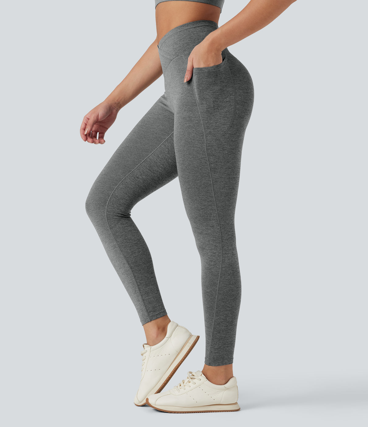 Heathered High Waisted Crossover Quick Dry Yoga Leggings with Pockets — Light Grey Mélange — view 3