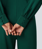 V Neck Puff Long Sleeve Straight Leg Work Jumpsuit with Pockets — Rain Forest — view 6