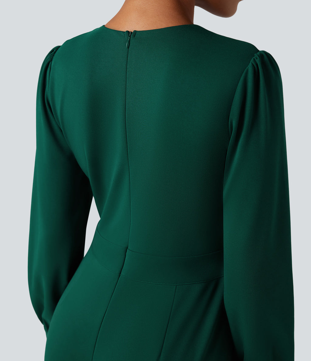 V Neck Puff Long Sleeve Straight Leg Work Jumpsuit with Pockets — Rain Forest — view 5