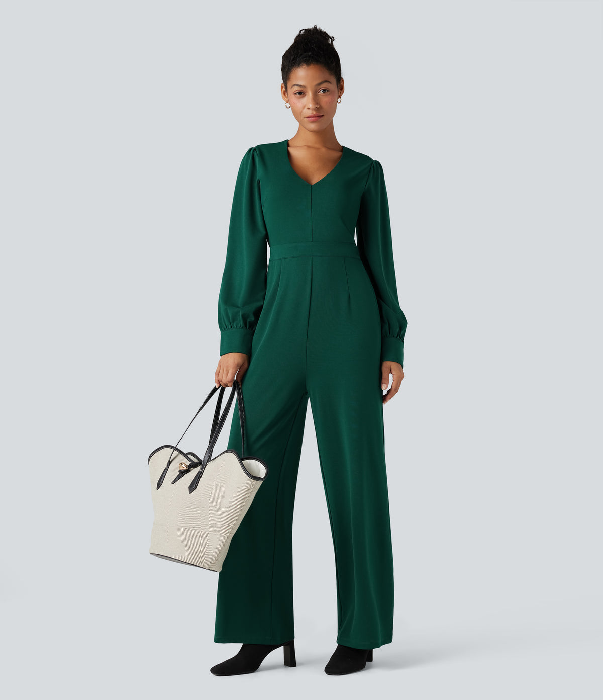 V Neck Puff Long Sleeve Straight Leg Work Jumpsuit with Pockets — Rain Forest — view 7