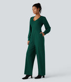 V Neck Puff Long Sleeve Straight Leg Work Jumpsuit with Pockets — Rain Forest — view 3