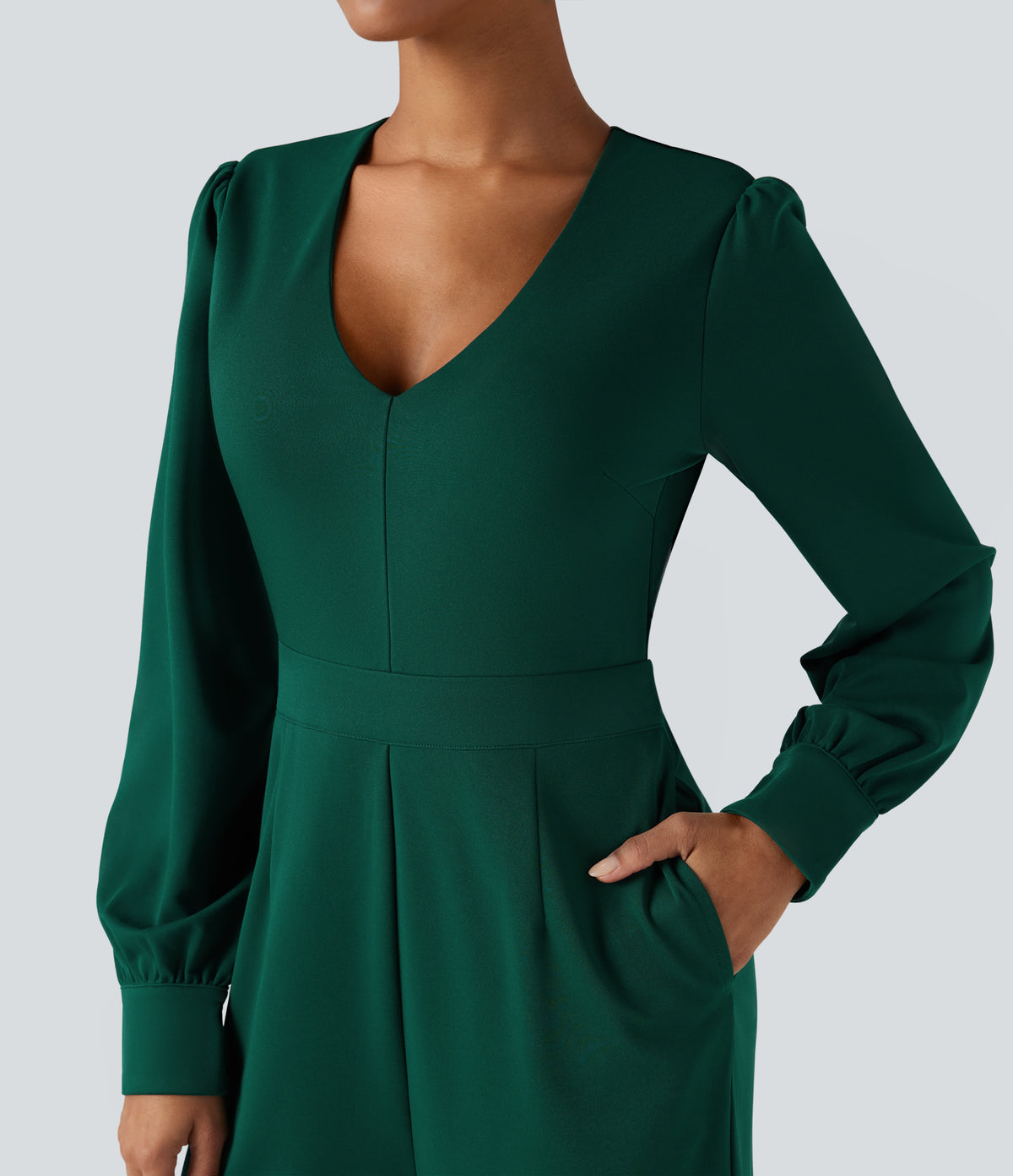 V Neck Puff Long Sleeve Straight Leg Work Jumpsuit with Pockets — Rain Forest — view 4