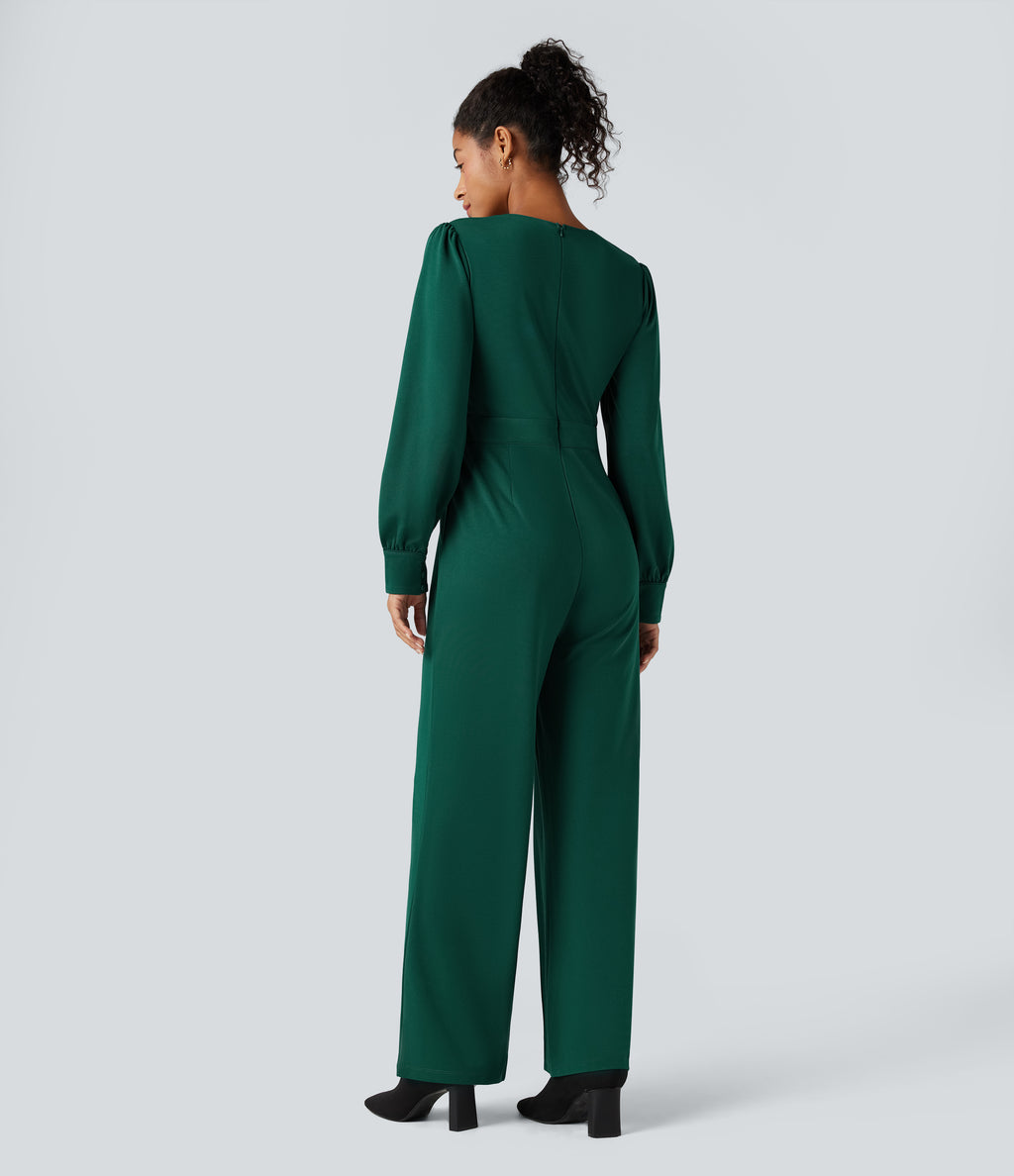 V Neck Puff Long Sleeve Straight Leg Work Jumpsuit with Pockets — Rain Forest — view 2