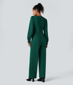 V Neck Puff Long Sleeve Straight Leg Work Jumpsuit with Pockets — Rain Forest — view 2
