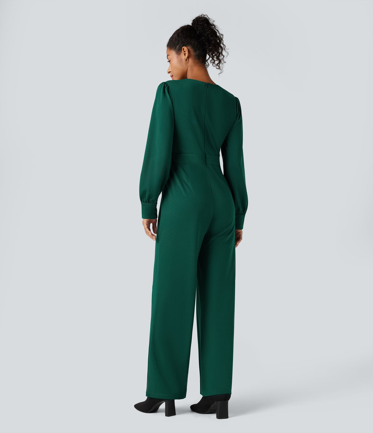 V Neck Puff Long Sleeve Straight Leg Work Jumpsuit with Pockets — Rain Forest — view 2