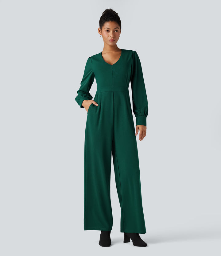 V Neck Puff Long Sleeve Straight Leg Work Jumpsuit with Pockets — Rain Forest — view 1