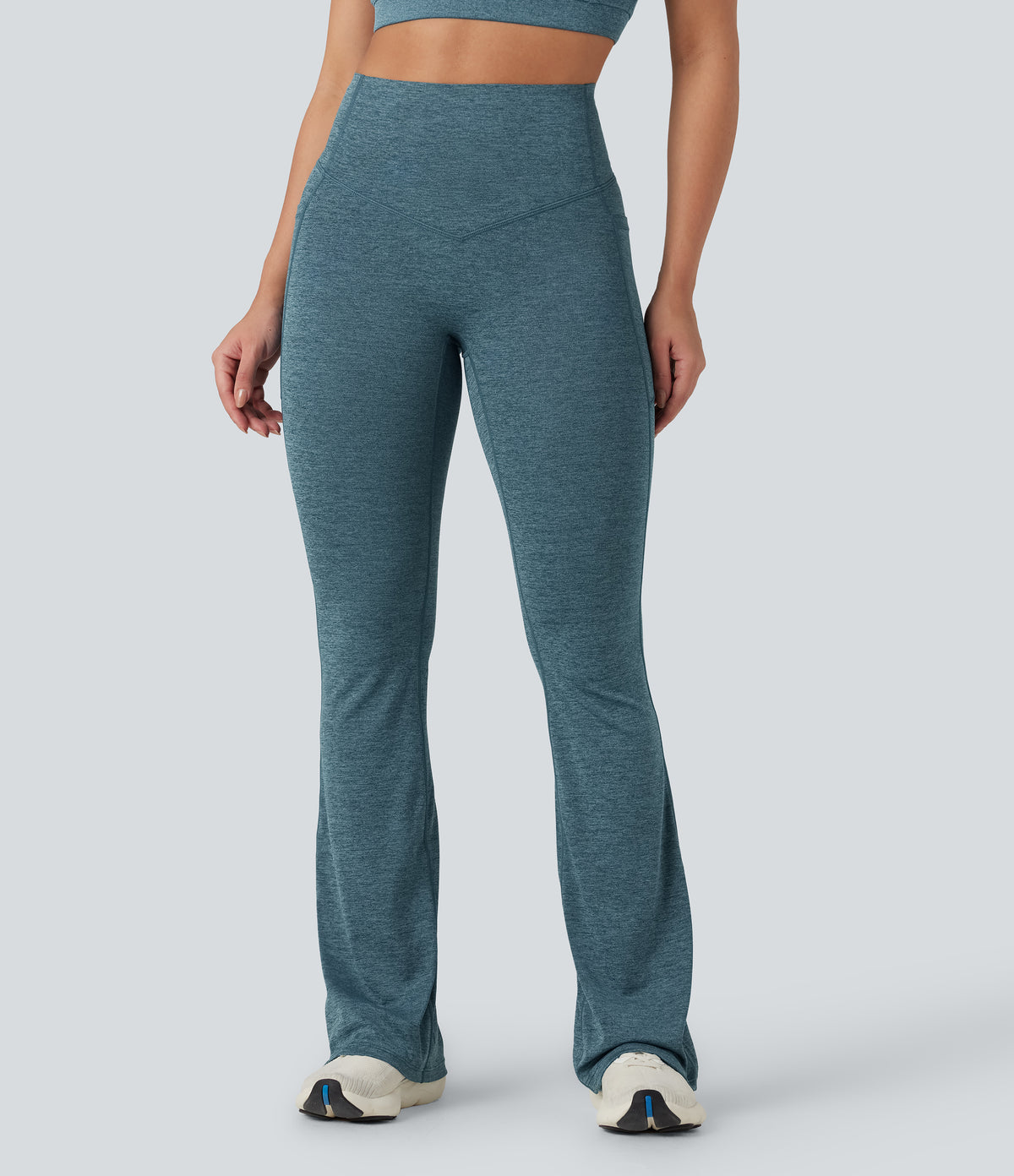 Heathered High Waisted Tummy Control Quick Dry Bootcut Yoga Leggings with Pockets — Dark Grey Mélange — view 3