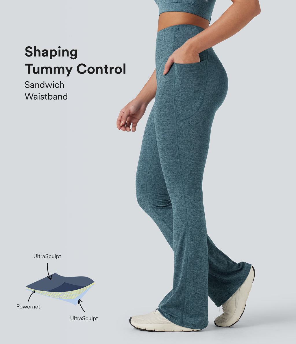 Heathered High Waisted Tummy Control Quick Dry Bootcut Yoga Leggings with Pockets — Dark Grey Mélange — view 1