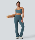 Heathered High Waisted Tummy Control Quick Dry Bootcut Yoga Leggings with Pockets — Dark Grey Mélange — view 7